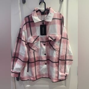 PrettyLittleThing Pink and White Checkered Utility Jacket